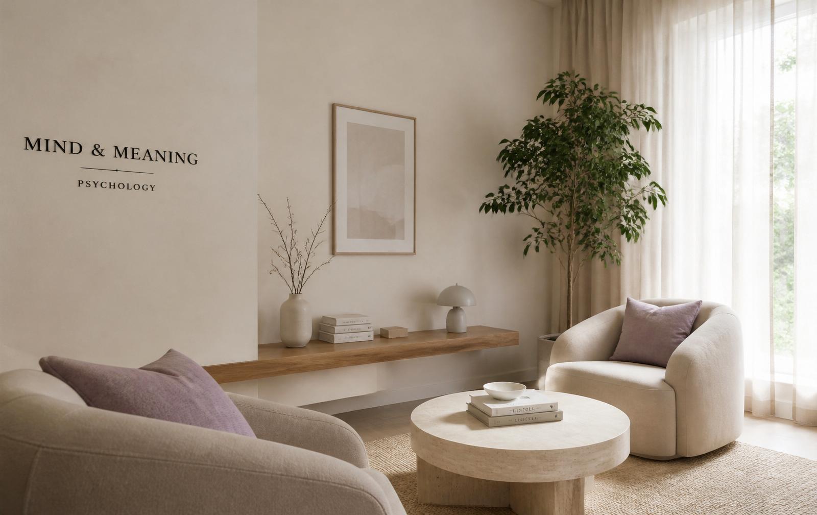 Consultório acolhedor com poltronas, planta e luz natural